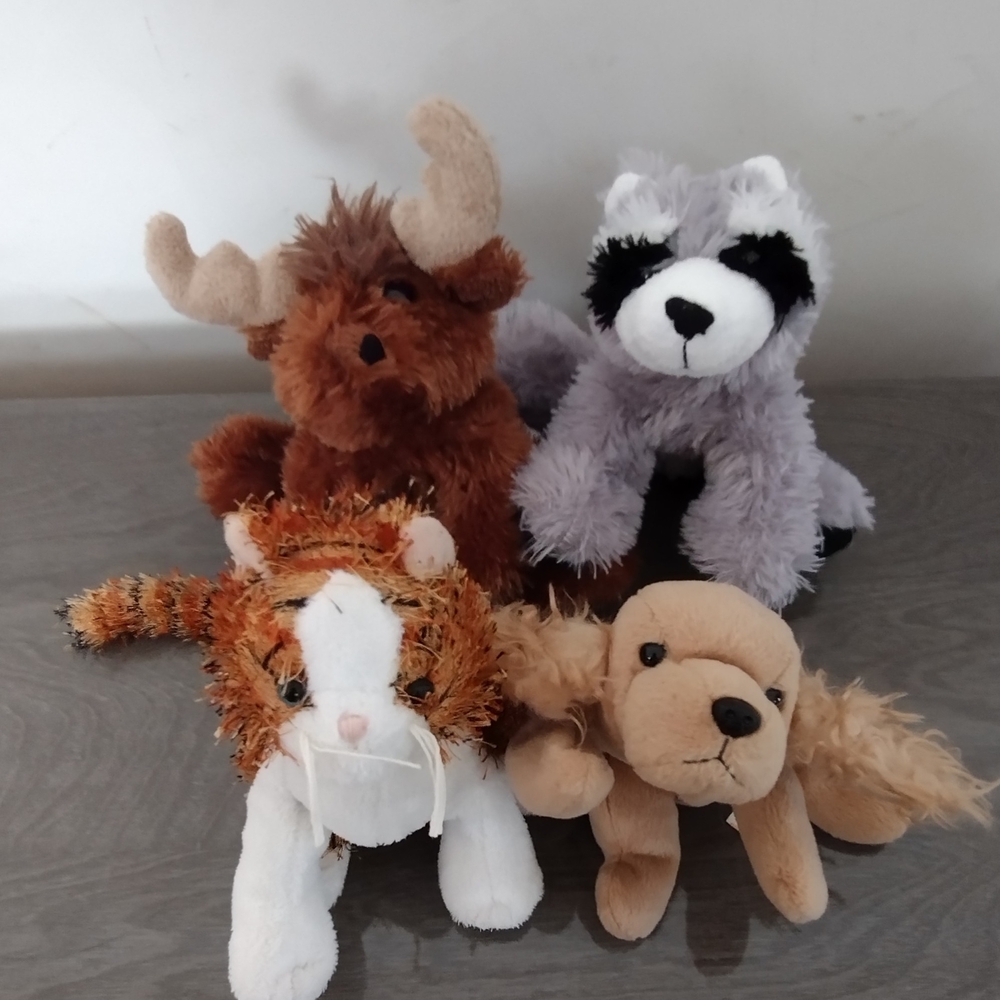 4 Assorted Plush Toys Stuffed Animal Moose Raccoon Striped Cat Cocker Spaniel